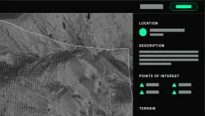 A burnt dark grey with background with an isometric illustration of digital grey and black scene with wording.