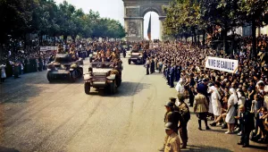Crowds of French patriots line the Champs Elysees after Paris was liberated on August 26, 1944.