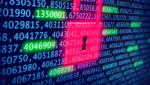 Computer screen covered in numbers with red unlocked lock