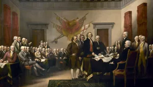  Declaration of Independence, an 1819 painting by John Trumbull, depicts the Committee of Five (John Adams, Thomas Jefferson, Benjamin Franklin, Roger Sherman, and Robert Livingston) presenting their draft to the Second Continental Congress on June 28, 1776