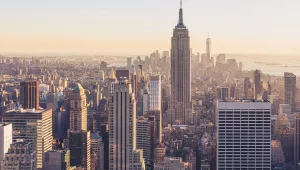The New York City skyline, as seen looking south, at sunset.