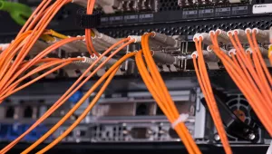 Fiber optic cables in a datacenter.