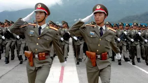 Soldiers of the People's Liberation Army training for a parade, Hong Kong, Saturday, July 31, 2004.