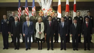 Granddaughter of President Dwight Eisenhower Mary Jean Eisenhower (front row 4th from L), the great-grandson of President Eisenhower Merrill Eisenhower Atwater (5th) and Japan's Prime Minister Shinzo Abe (5th) and others pose for photo ahead of the reception to mark 60th anniversary of Japan-U.S. Security Treaty at Iikura Guest House in Tokyo on Jan. 19, 2020. (The Yomiuri Shimbun)