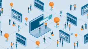 A blue background with an isometric illustration of people standing around digital billboards.