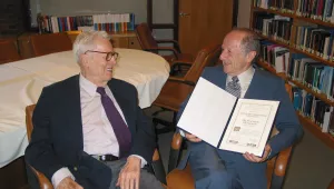 Matthew Meselson (right) in 2004 with the late Paul Doty, Belfer Center founder, who congratulated Meselson for receiving the Albert and Mary Lasker Foundation Special Achievement Award.