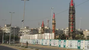 The Ghauri–I (first on right) display at the IDEAS exhibition held in Karachi, mounted in its TEL launch mechanism. c. 2008.