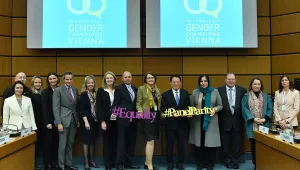 Senior officials from around the world, including IAEA DG Rafael Mariano Grossi, together at an International Gender Champions meeting in Vienna in March 2020.