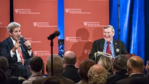 Secretary of State John Kerry discusses critical world issues with Belfer Center Director Graham Allison during a conversation with faculty and students at Harvard in October 2015.