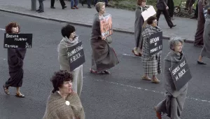 Women parade in blankets to simulate the “on-the-blanket” prisoners held in H-Blocks at the Maze Prison in Belfast, Northern Ireland in April 1981.