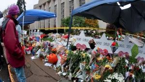 A makeshift memorial on Saturday outside the Tree of Life synagogue in Pittsburgh, where 11 people were fatally shot on Oct. 27. (Keith Srakocic/AP)
