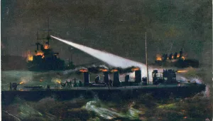 A postcard showing a night attack on Japanese destroyer at Port Arthur, Russo-Japanese War. Postcard dated September 10, 1904.