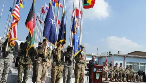 Abdul Rahim Wardak, Afghan Minister of Defense, gives a speech during the NATO Training Mission Afghanistan change of command ceremony at Camp Eggers, Kabul, Afghanistan Nov. 5, 2011.