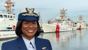 Commander Zeita Merchant at the commissioning ceremony of the Coast Guard Cutter Angela McShan, named after the first African-American Master Chief in the history of the Coast Guard.