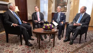 Former Secretary of State Rex Tillerson (left) with Professors Nicholas Burns, Robert Mnookin, and James Sebenius.