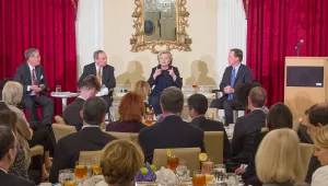 During a luncheon at Harvard, Secretary Clinton, with Professors (from left) Mnookin, Sebenius, and Burns, discusses diplomatic issues she confronted as Secretary of State.
