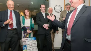 Joseph Nye (left) enjoys comments by David Sanger (right) during a cybersecurity event in Nye’s honor. Also pictured (left to right) Katherine Bjelde, Michael Sulmeyer, Albert Carnesale, and William Hogan.