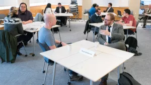 Sharing Expertise: Belfer Center research fellows share career tips and advice with Kennedy School students att a networking event in March.