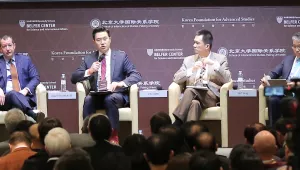 Director of the Belfer Center’s Korea Working Group John Park (center) speaks as part of a panel at the Trilateral Dialogue. Also pictured (from left): Evan Feigenbaum (Paulson Institute), Prof. Yao Yang (Peking University), and Prof. Choi Byung-il (Ewha Womans University).