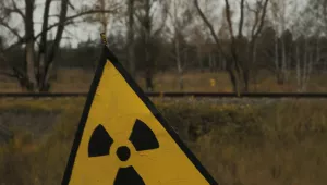 Nuclear hazard sign, Chernobyl Exclusion Zone, Ukraine. 
