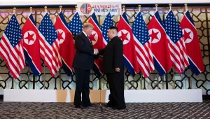 Trump and Kim shake hands at the Hanoi summit meeting on February 27, 2019 (Shealah Craighead/Official White House Photo).