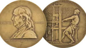Front and back sides of Pulitzer prize medal