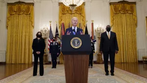President Joe Biden speaks during an event Monday, March 8, 2021, in the East Room of the White House in Washington