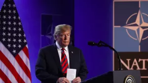 US President Donald Trump Speak at the 2018 NATO Summit in Brussels