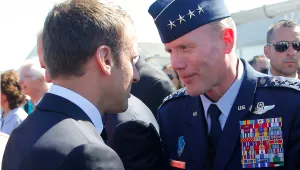French President Emmanuel Macron, meets with Gen. Tod Wolters, while visiting the Paris Air Show in Le Bourget, north of Paris, on June 19, 2017