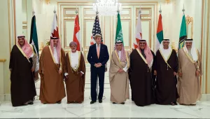 U.S. Secretary of State John Kerry stands with other Foreign Ministers whose countries are members of the Gulf Cooperation Council following a meeting on January 23, 2016, in Riyadh, Saudi Arabia. 