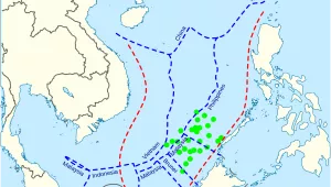 China's maritime claim (red) and UNCLOS exclusive economic zones (blue) in the South China Sea.