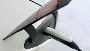 A Tesla Model 3 charges using a Mobile Charger 2.0, 29 July 2017.