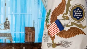 A detail of the U.S. State Department flag.