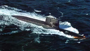 Submarine with wake in ocean