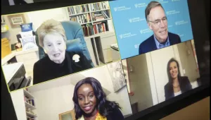 Clockwise from top left, Madeleine Albright, Nicholas Burns, Dina Powell McCormick, Ezinne Uzo-Okoro on screen during the event.