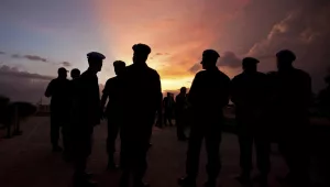 silhouettes of U.N. peacekeepers from Brazil at the airport in Port-au-Prince, Haiti