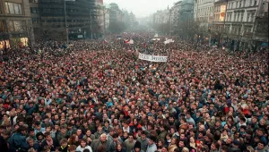 About 200,000 people gather on Wenceslas Square in Prague, Czechoslovakia on Nov. 21, 1989