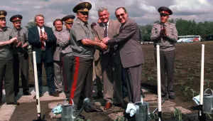 U.S. Secretary of Defense William J. Perry (right) Ukraine Minister of Defense Valeriy Shmarov (center) and Russian Federation Minister of Defense General of the Army Pavel Grachev (left)