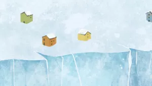 An illustration of homes along a river