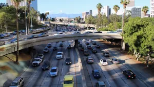 The Harbor Freeway, California State Route 110, in Downtown Los Angeles during afternoon rush hour.