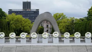 Wreaths are placed at the Hiroshima Peace Memorial Park