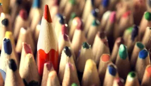 A set of colored pencils showing their tips