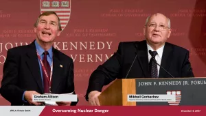 On the right is Miklhail S. Gorbachev with then Belfer Center Director Graham Allison on the left. With a Harvard Kennedy School JFK Jr. Forum backdrop behind them. 