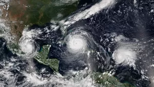 Satellite image of Hurricane Katia (left) making landfall over the Mexican state of Veracruz, Hurricane Irma (center) approaching Cuba, and Hurricane Jose reaching peak intensity