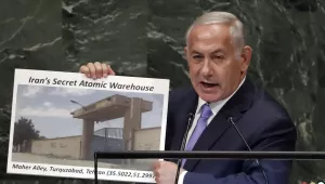 Israel's Prime Minister Benjamin Netanyahu shows an atomic warehouse in Teheran during his address the 73rd session of the United Nations General Assembly, at U.N. headquarters, Sept. 27, 2018.