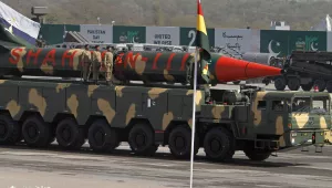 A Pakistani-made Shaheen-III missile is on display during a military parade