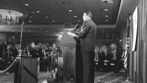 President Ronald Reagan addresses the Center for Strategic International Studies