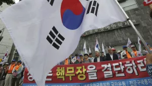 Protesters demand the deployment of nuclear weapons in South Korea, near the presidential Blue House in Seoul
