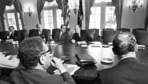 Dr. Henry Kissinger, foreground, at a White House strategy session. Pictured from the left are: Secretary of State William P. Rogers. U.S. President Richard Nixon, and Defense Secretary Melvin R. Laird.
