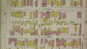 "Sanborn maps" were produced in the private sector for fire insurance companies but are often used by local government because they include accurate drawings of building footprints.